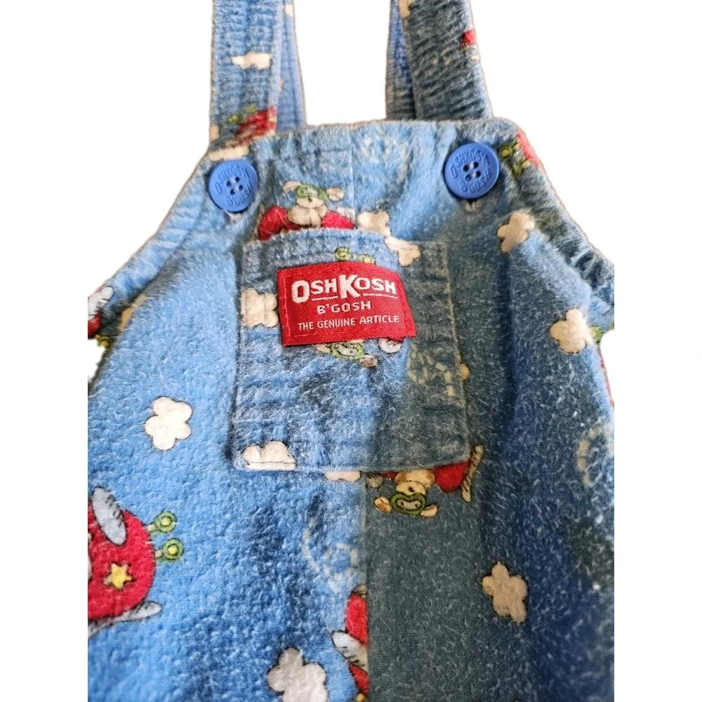 Oshkosh Overalls 6/9‎ m Blue Flannel Airplane  USA Vintage